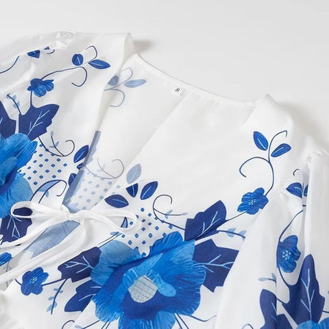 Summer New Casual Print Bow Tie Lace-up Short Sleeve V-neck Ruffle Tops CODE: KAR3310