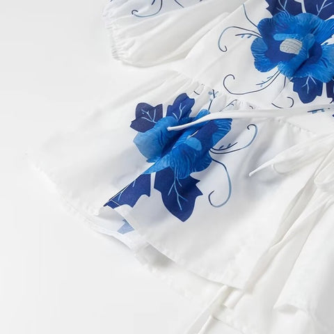 Summer New Casual Print Bow Tie Lace-up Short Sleeve V-neck Ruffle Tops CODE: KAR3310
