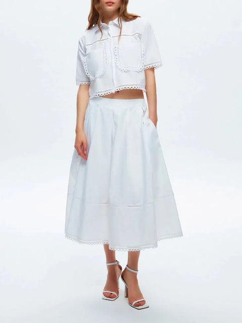 New Fashion Lapel Short Sleeve Top High Waist A Line Skirt Casual Two Piece Set CODE: KAR3311