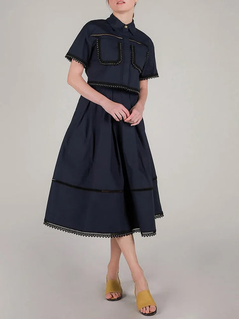 New Fashion Lapel Short Sleeve Top High Waist A Line Skirt Casual Two Piece Set CODE: KAR3311