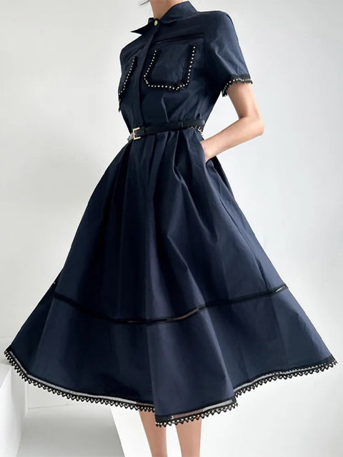 New Fashion Lapel Short Sleeve Top High Waist A Line Skirt Casual Two Piece Set CODE: KAR3311