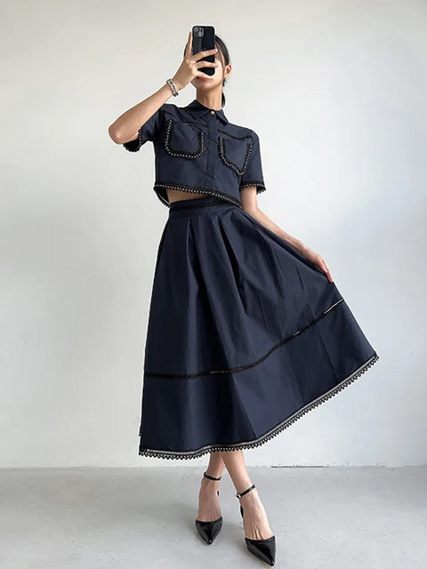New Fashion Lapel Short Sleeve Top High Waist A Line Skirt Casual Two Piece Set CODE: KAR3311