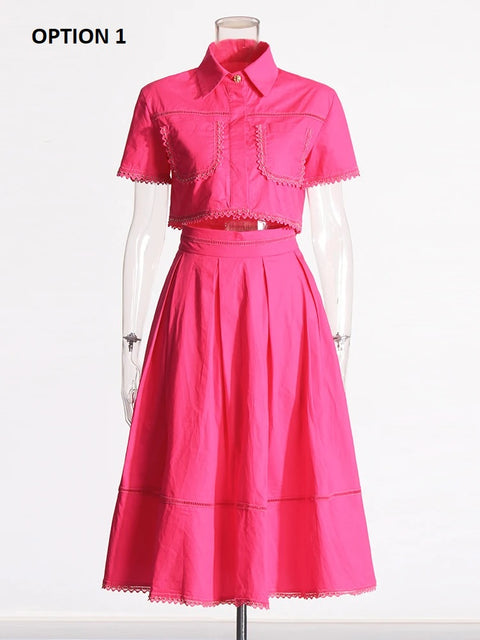 New Fashion Lapel Short Sleeve Top High Waist A Line Skirt Casual Two Piece Set CODE: KAR3311