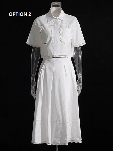 New Fashion Lapel Short Sleeve Top High Waist A Line Skirt Casual Two Piece Set CODE: KAR3311