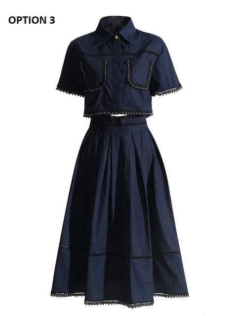 New Fashion Lapel Short Sleeve Top High Waist A Line Skirt Casual Two Piece Set CODE: KAR3311