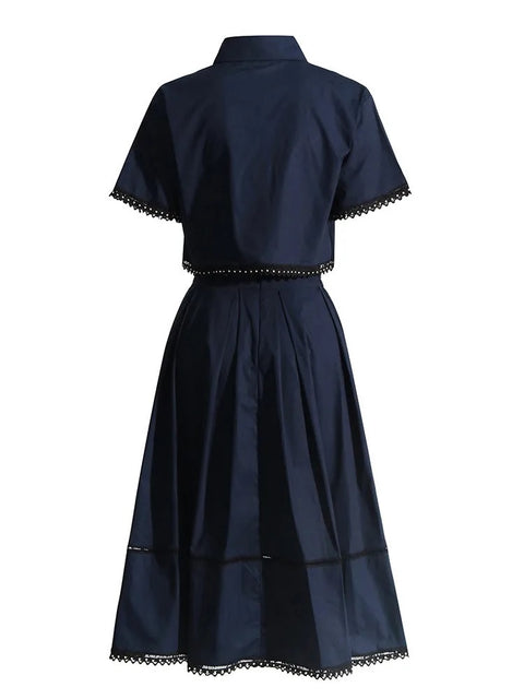 New Fashion Lapel Short Sleeve Top High Waist A Line Skirt Casual Two Piece Set CODE: KAR3311