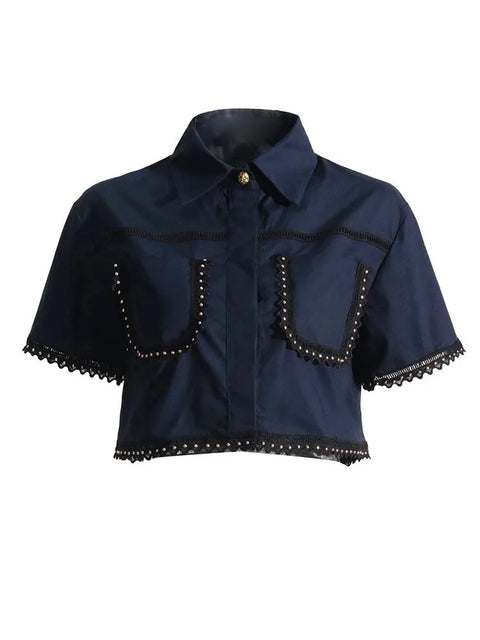 New Fashion Lapel Short Sleeve Top High Waist A Line Skirt Casual Two Piece Set CODE: KAR3311