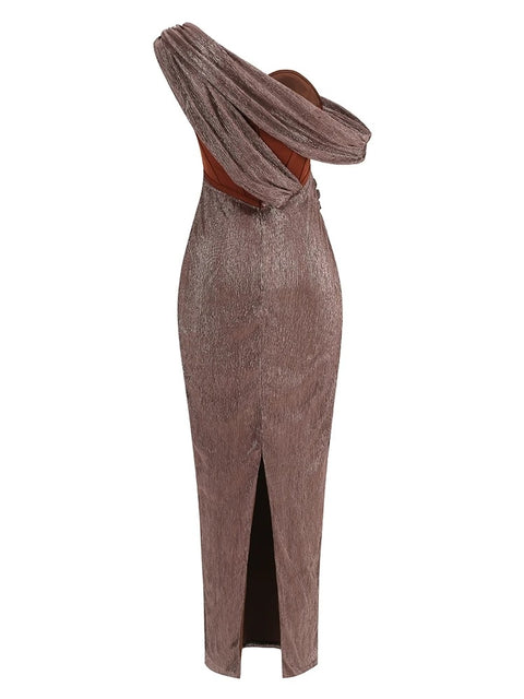 Sexy One Shoulder Draped Glitter Corset Sparkly Backless Bodycon Maxi Long Dress CODE: KAR3314