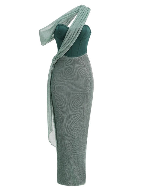 Sexy One Shoulder Draped Glitter Corset Sparkly Backless Bodycon Maxi Long Dress CODE: KAR3314