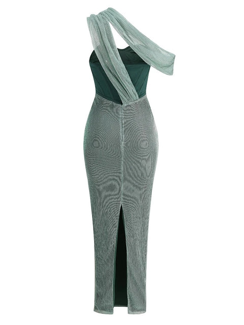 Sexy One Shoulder Draped Glitter Corset Sparkly Backless Bodycon Maxi Long Dress CODE: KAR3314