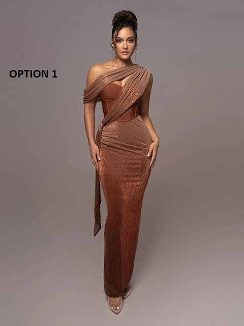 Sexy One Shoulder Draped Glitter Corset Sparkly Backless Bodycon Maxi Long Dress CODE: KAR3314