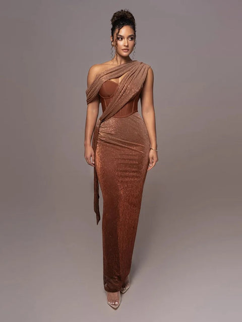 Sexy One Shoulder Draped Glitter Corset Sparkly Backless Bodycon Maxi Long Dress CODE: KAR3314