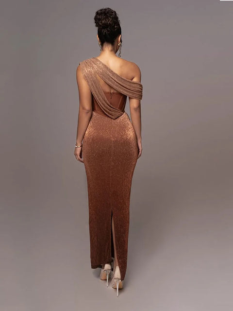Sexy One Shoulder Draped Glitter Corset Sparkly Backless Bodycon Maxi Long Dress CODE: KAR3314