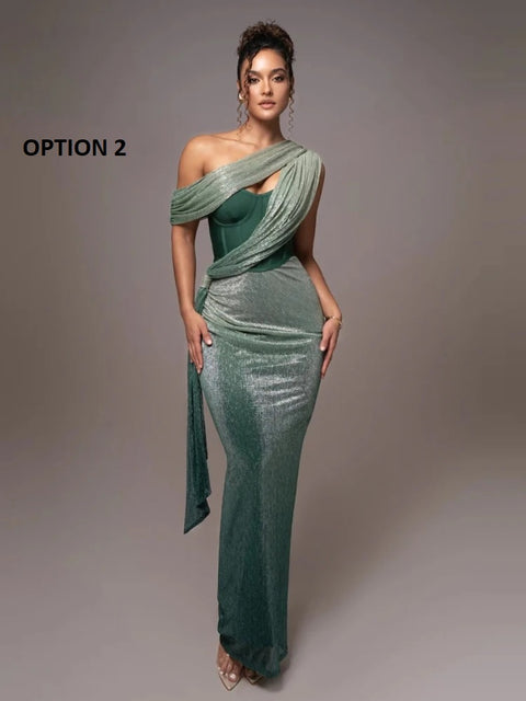 Sexy One Shoulder Draped Glitter Corset Sparkly Backless Bodycon Maxi Long Dress CODE: KAR3314