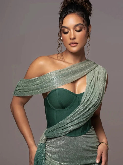 Sexy One Shoulder Draped Glitter Corset Sparkly Backless Bodycon Maxi Long Dress CODE: KAR3314