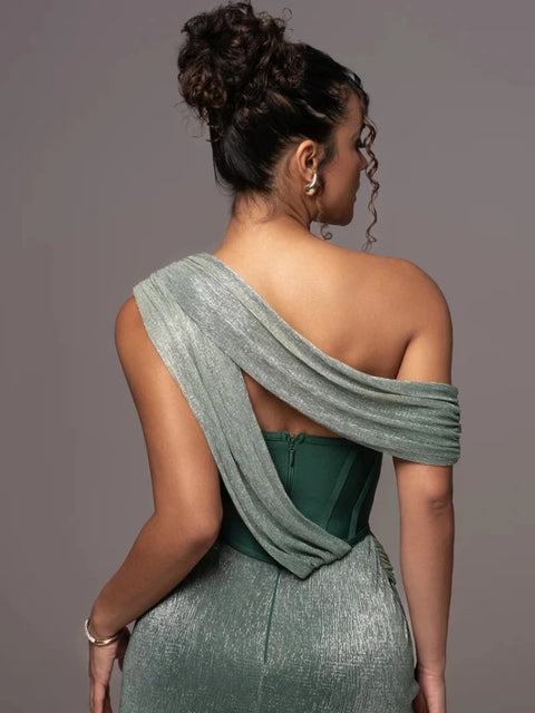 Sexy One Shoulder Draped Glitter Corset Sparkly Backless Bodycon Maxi Long Dress CODE: KAR3314