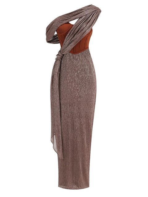Sexy One Shoulder Draped Glitter Corset Sparkly Backless Bodycon Maxi Long Dress CODE: KAR3314