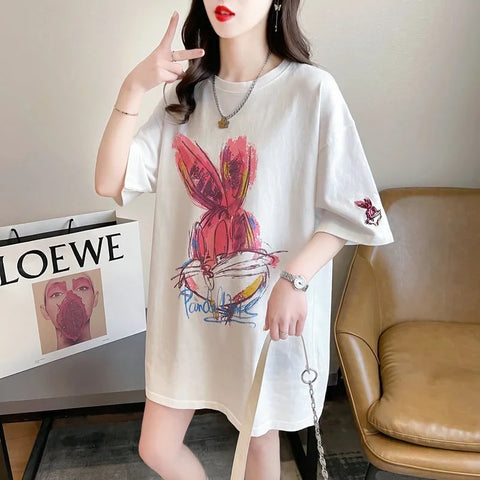 New Cartoon Rabbit Painting Leisure Half Sleeve Round Neck Top CODE: KAR3319