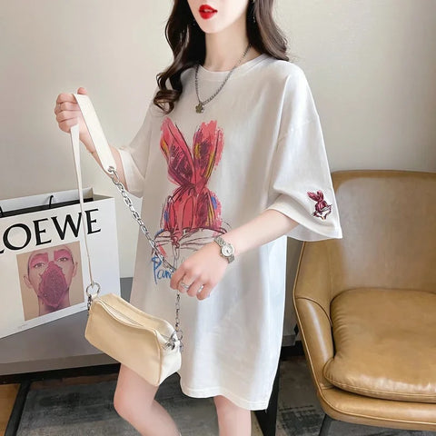 New Cartoon Rabbit Painting Leisure Half Sleeve Round Neck Top CODE: KAR3319