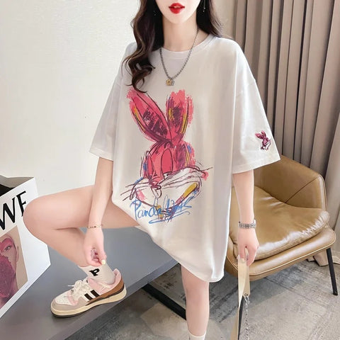 New Cartoon Rabbit Painting Leisure Half Sleeve Round Neck Top CODE: KAR3319