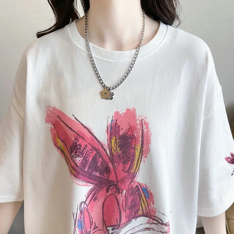 New Cartoon Rabbit Painting Leisure Half Sleeve Round Neck Top CODE: KAR3319