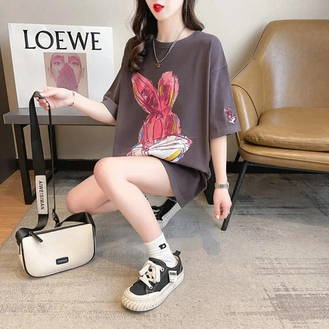 New Cartoon Rabbit Painting Leisure Half Sleeve Round Neck Top CODE: KAR3319