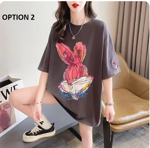 New Cartoon Rabbit Painting Leisure Half Sleeve Round Neck Top CODE: KAR3319