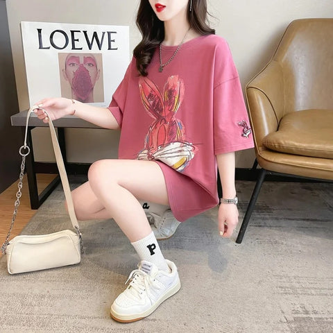 New Cartoon Rabbit Painting Leisure Half Sleeve Round Neck Top CODE: KAR3319