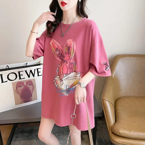 New Cartoon Rabbit Painting Leisure Half Sleeve Round Neck Top CODE: KAR3319