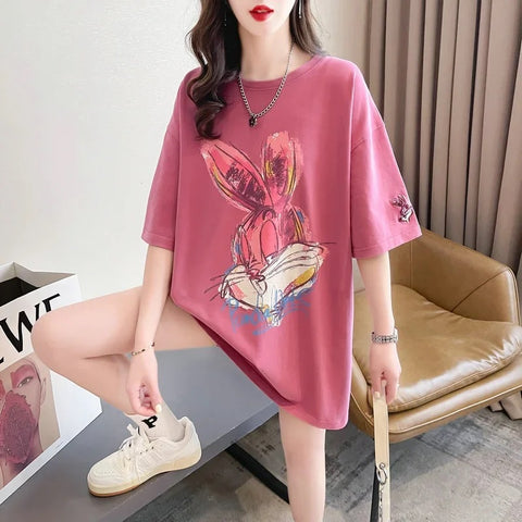 New Cartoon Rabbit Painting Leisure Half Sleeve Round Neck Top CODE: KAR3319