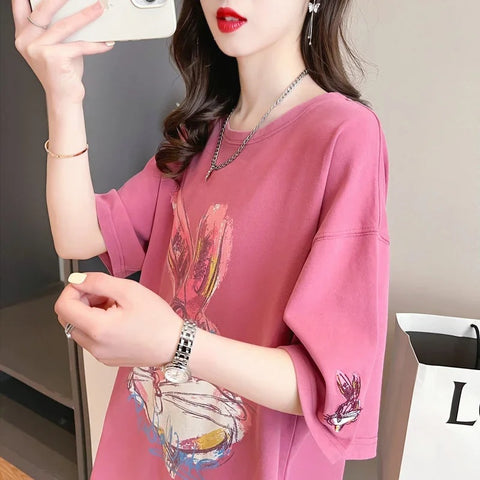 New Cartoon Rabbit Painting Leisure Half Sleeve Round Neck Top CODE: KAR3319