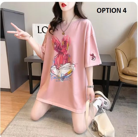 New Cartoon Rabbit Painting Leisure Half Sleeve Round Neck Top CODE: KAR3319