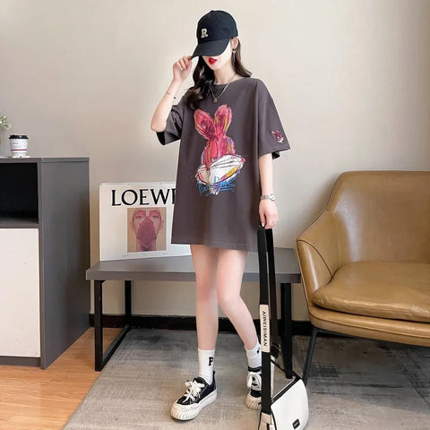 New Cartoon Rabbit Painting Leisure Half Sleeve Round Neck Top CODE: KAR3319