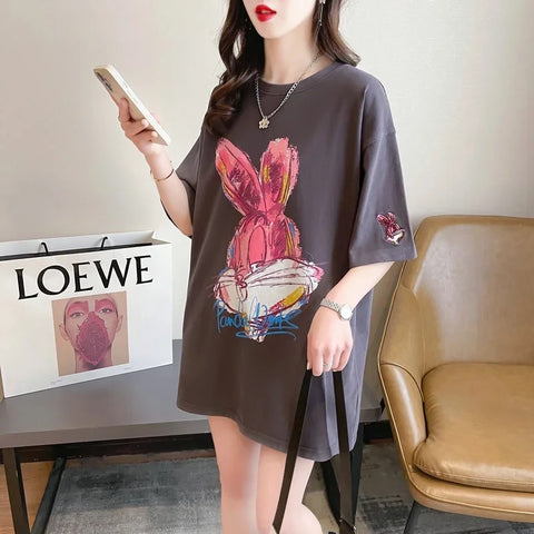 New Cartoon Rabbit Painting Leisure Half Sleeve Round Neck Top CODE: KAR3319