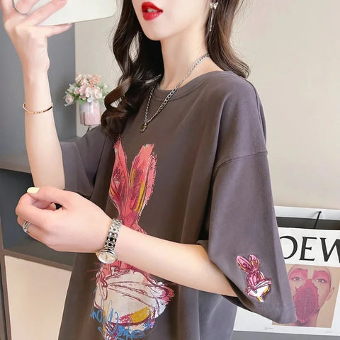 New Cartoon Rabbit Painting Leisure Half Sleeve Round Neck Top CODE: KAR3319