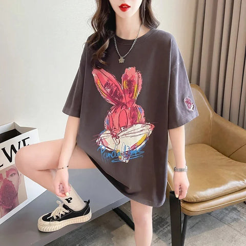 New Cartoon Rabbit Painting Leisure Half Sleeve Round Neck Top CODE: KAR3319