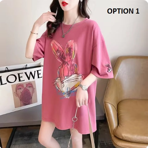 New Cartoon Rabbit Painting Leisure Half Sleeve Round Neck Top CODE: KAR3319