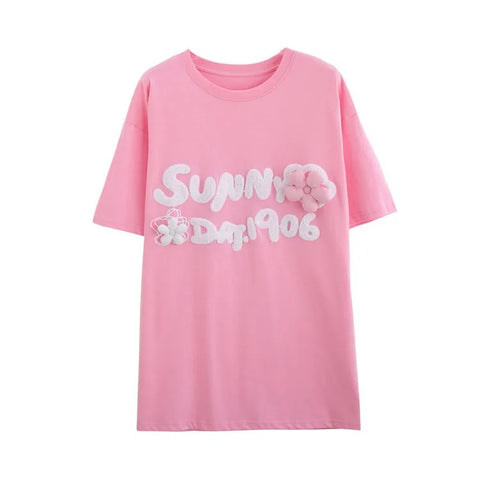 New Short Sleeve Embroidery Letters Flower Funny Top CODE: KAR3320