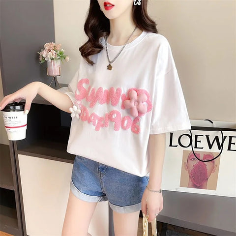 New Short Sleeve Embroidery Letters Flower Funny Top CODE: KAR3320