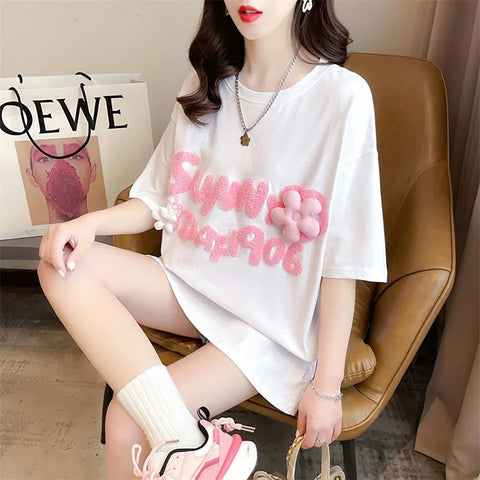 New Short Sleeve Embroidery Letters Flower Funny Top CODE: KAR3320
