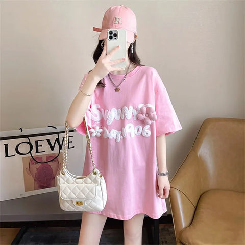 New Short Sleeve Embroidery Letters Flower Funny Top CODE: KAR3320