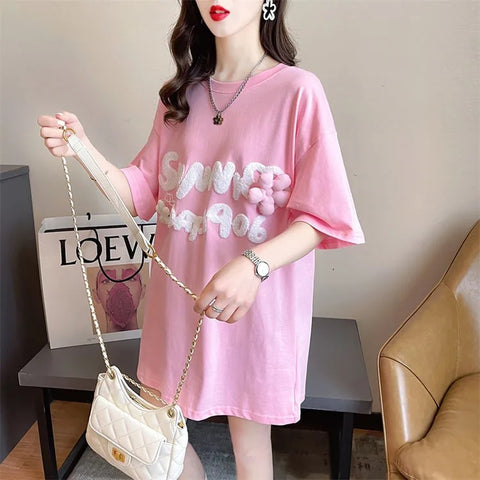 New Short Sleeve Embroidery Letters Flower Funny Top CODE: KAR3320