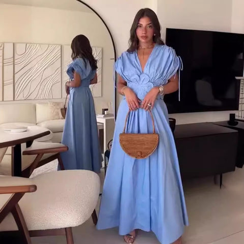 New Summer Luxury Elegant 3D Flower Plunge Neck Short Sleeved Long Dress CODE: KAR3322