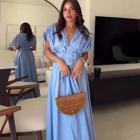 New Summer Luxury Elegant 3D Flower Plunge Neck Short Sleeved Long Dress CODE: KAR3322
