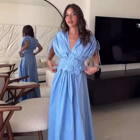 New Summer Luxury Elegant 3D Flower Plunge Neck Short Sleeved Long Dress CODE: KAR3322
