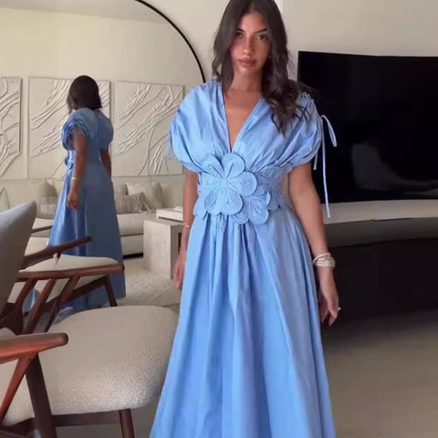 New Summer Luxury Elegant 3D Flower Plunge Neck Short Sleeved Long Dress CODE: KAR3322