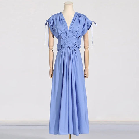 New Summer Luxury Elegant 3D Flower Plunge Neck Short Sleeved Long Dress CODE: KAR3322