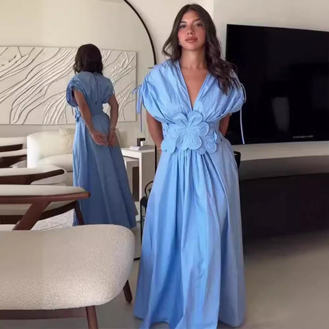 New Summer Luxury Elegant 3D Flower Plunge Neck Short Sleeved Long Dress CODE: KAR3322