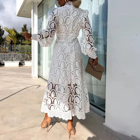 New French Lace Elegant Stand Collar Commute Solid Color Long Sleeves Dress CODE: KAR3324