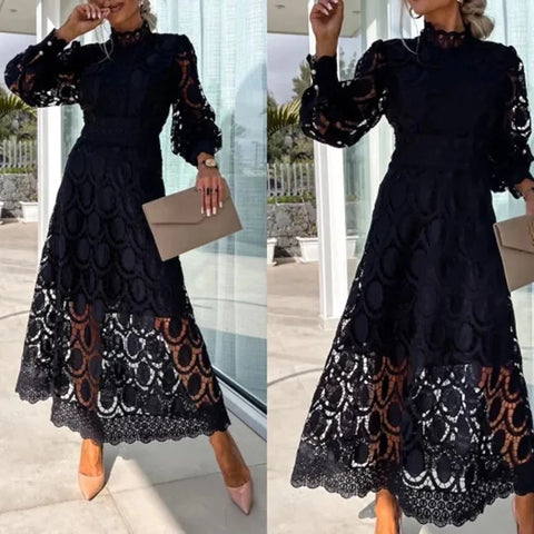 New French Lace Elegant Stand Collar Commute Solid Color Long Sleeves Dress CODE: KAR3324